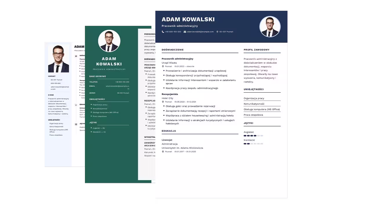 Trzy przykladowe szablony CV dostepne w kreatorze
