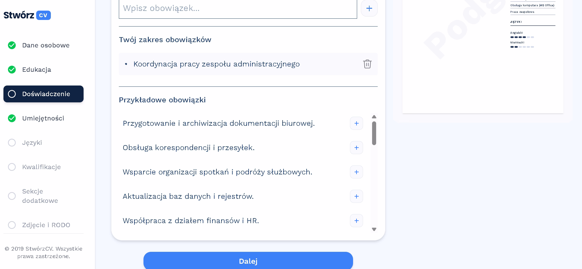 Inteligentne podpowiedzi obowiązków zawodowych w kreatorze CV