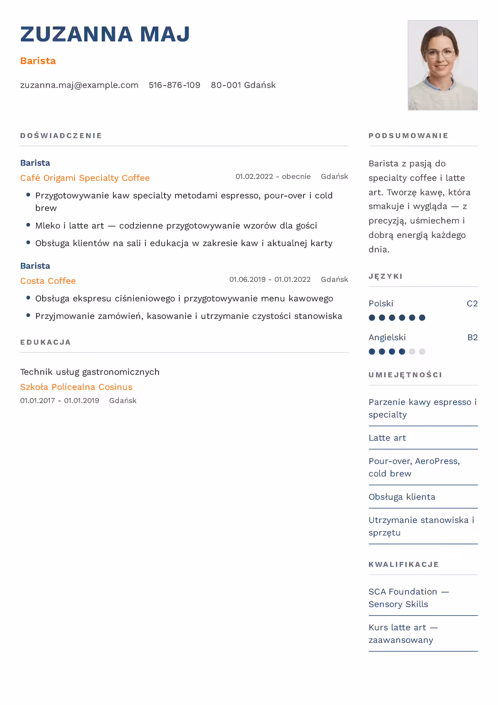 Wzór CV baristy z przykładami sekcji i układu