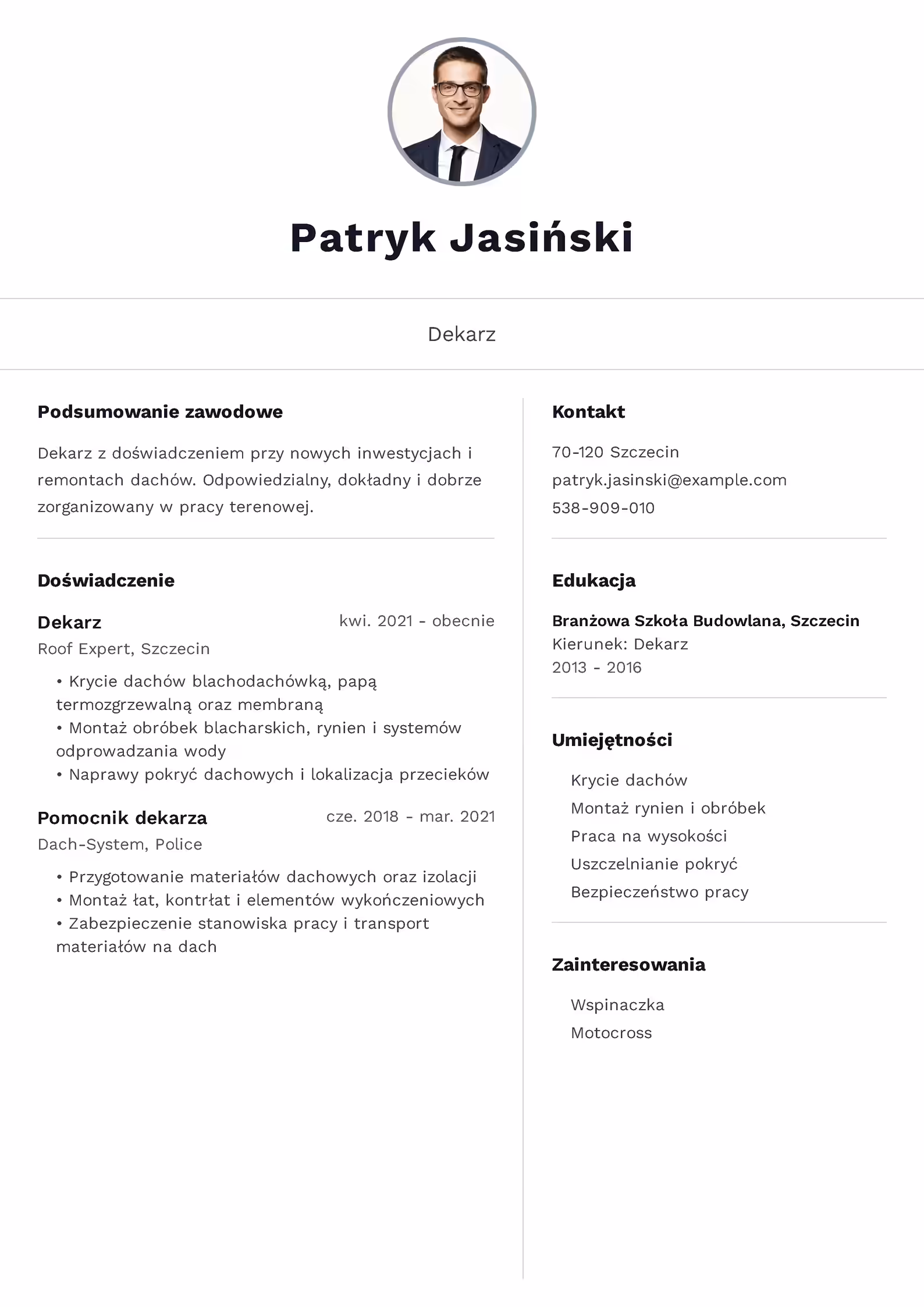 Dekarz - przykładowy wzór CV