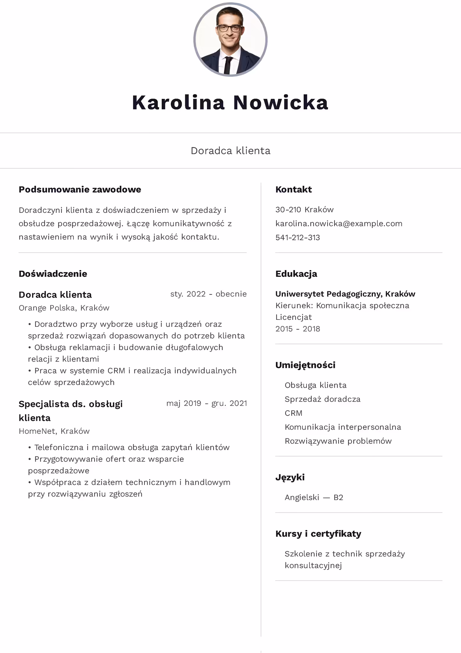 Wzór CV doradcy klienta — przykład dokumentu i gotowy układ sekcji