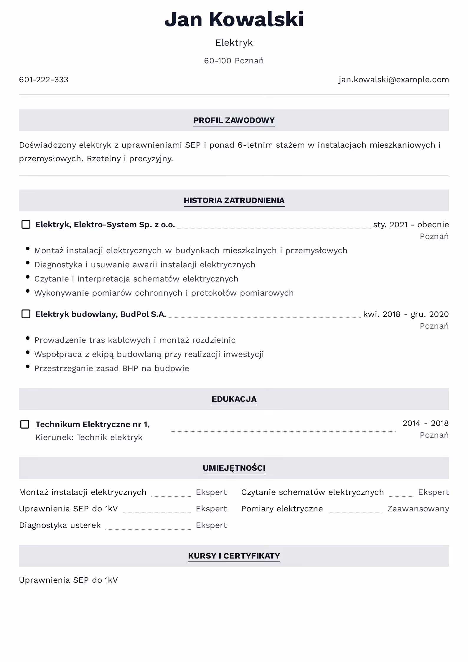 Wzór CV elektryk przykład dokumentu