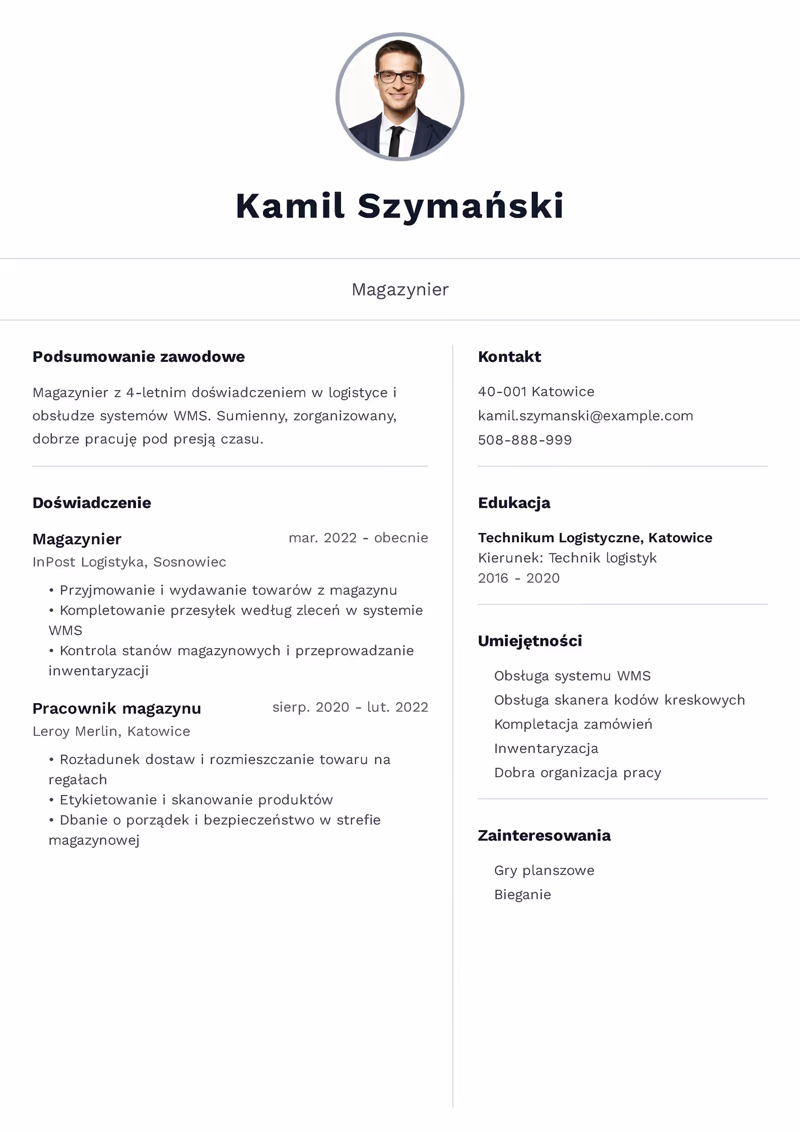 Magazynier - przykładowy wzór CV