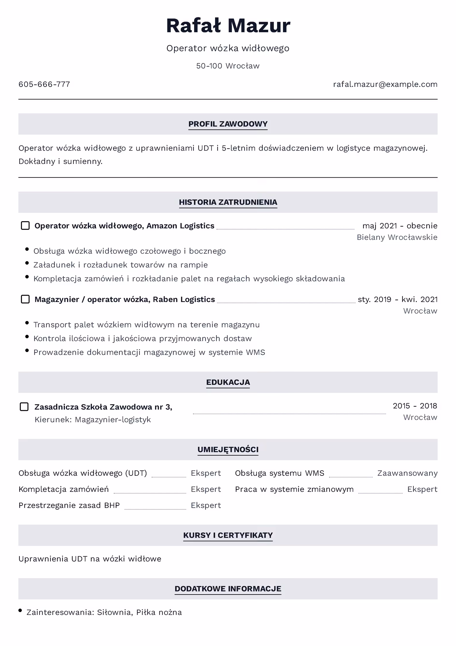 Operator wózka widłowego - przykładowy wzór CV