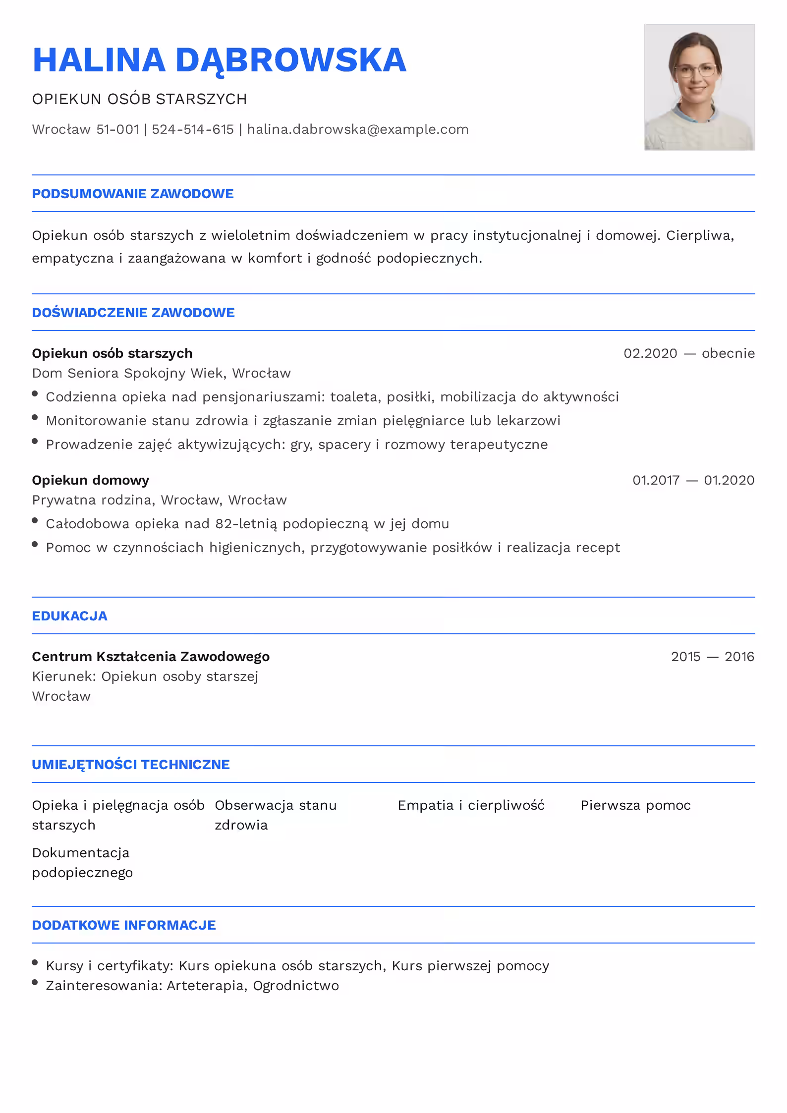 Wzór CV opiekuna osób starszych z przykładowym układem sekcji