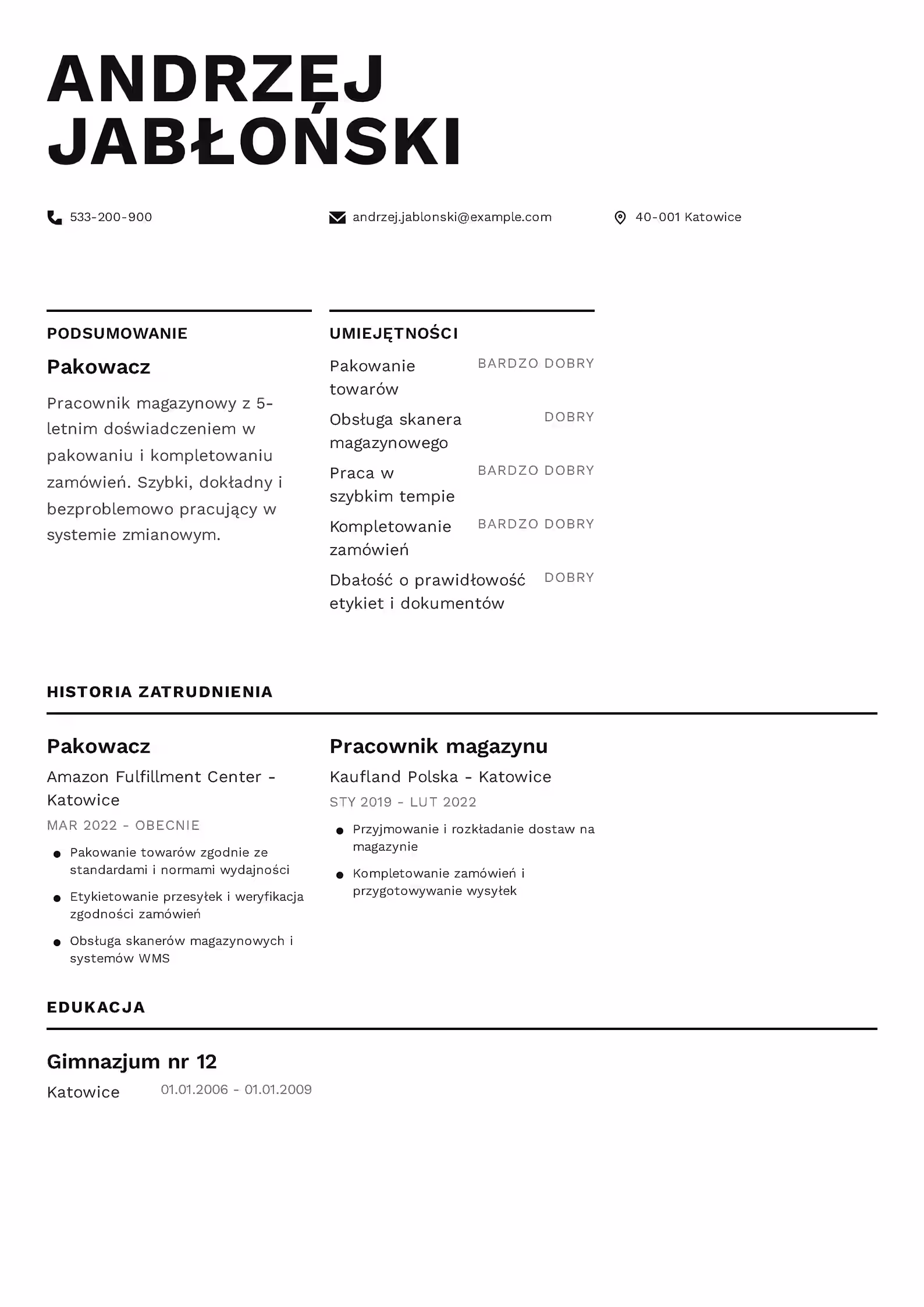 Wzór CV pakowacz – przykładowy szablon do pobrania