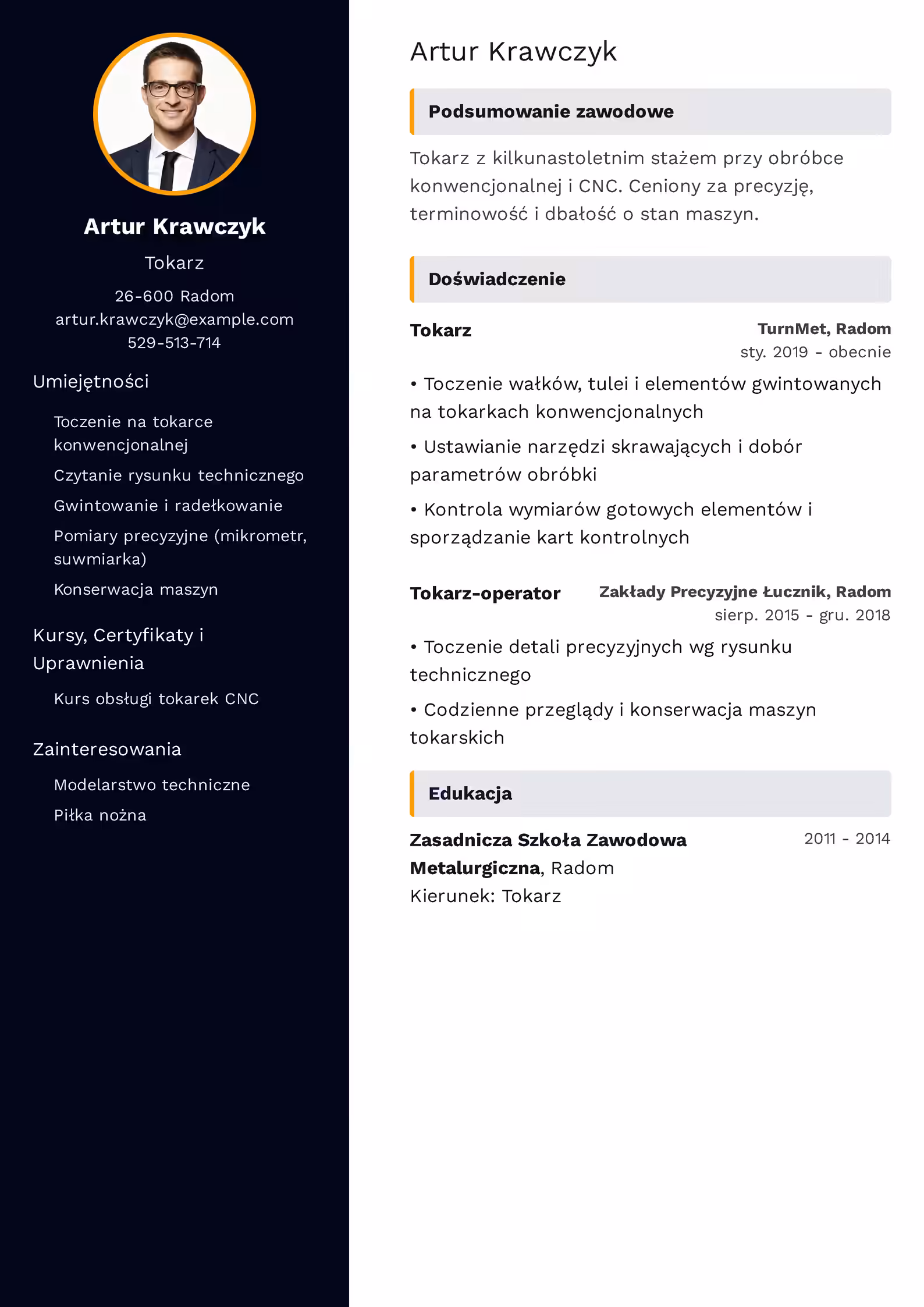 Wzór CV tokarza z przykładowym układem sekcji i poradami