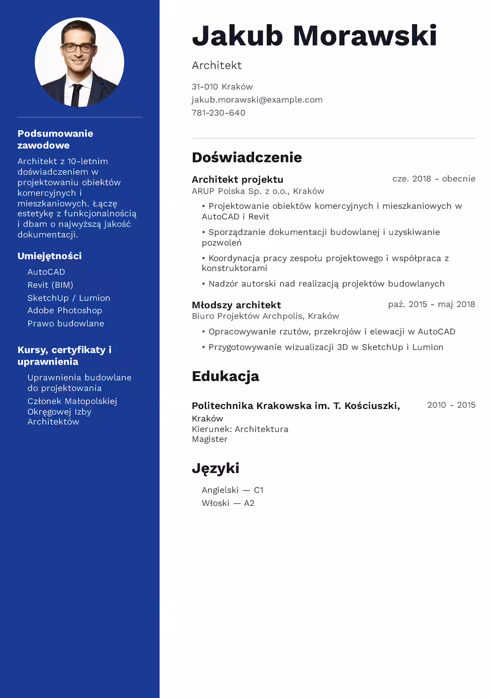 Wzór CV Architekt Wzór CV architekt – przykładowy szablon do pobrania