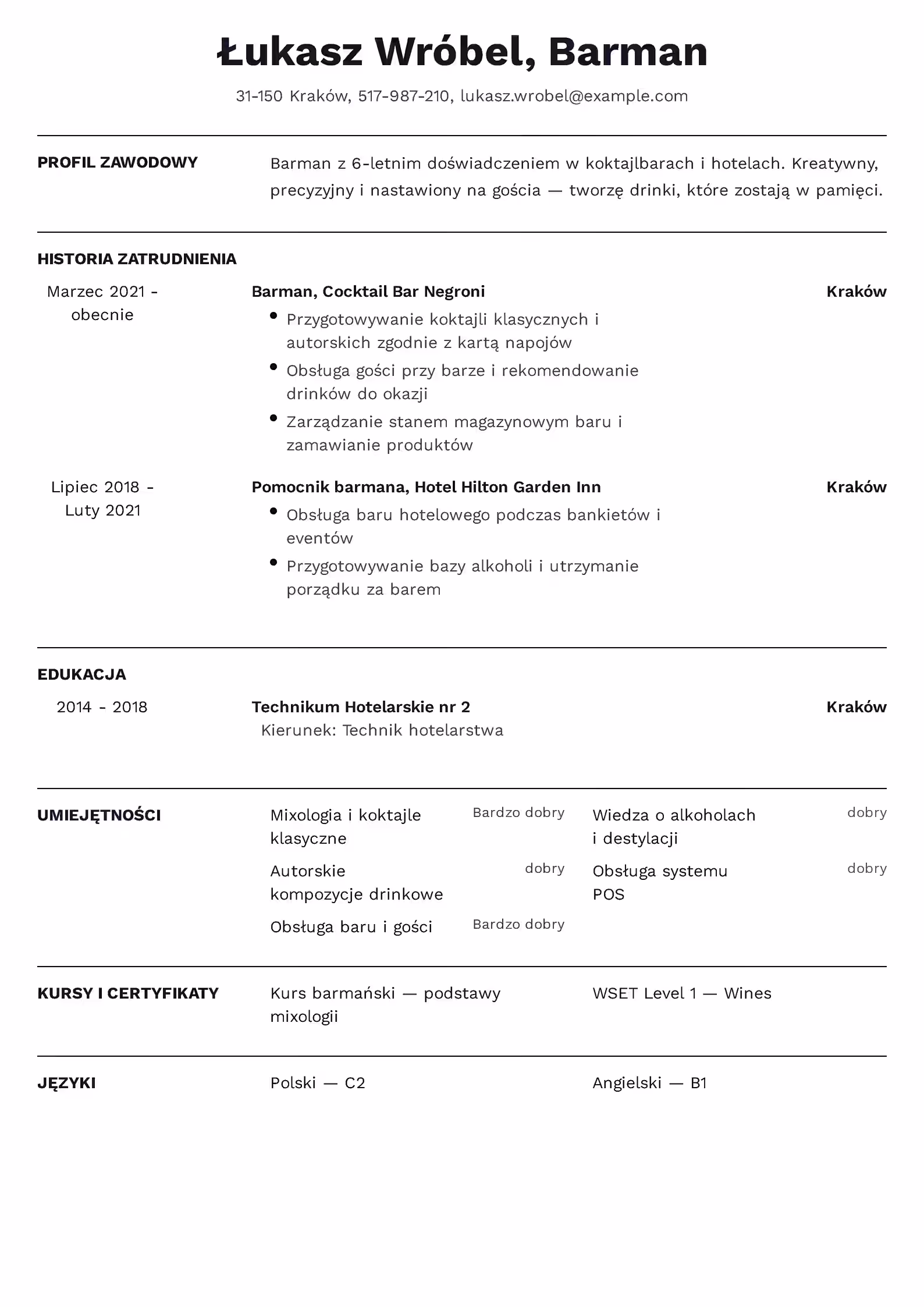 Wzór CV Barman Wzór CV barman – przykładowy szablon do pobrania
