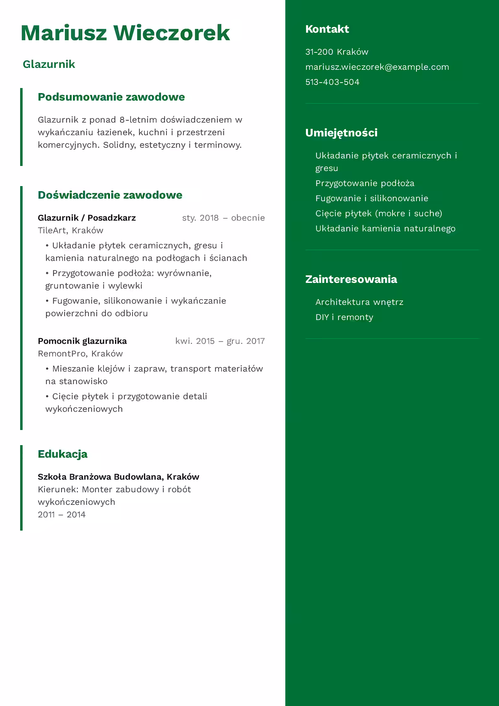 Wzór CV Glazurnik Wzór CV glazurnik – przykładowy szablon do pobrania