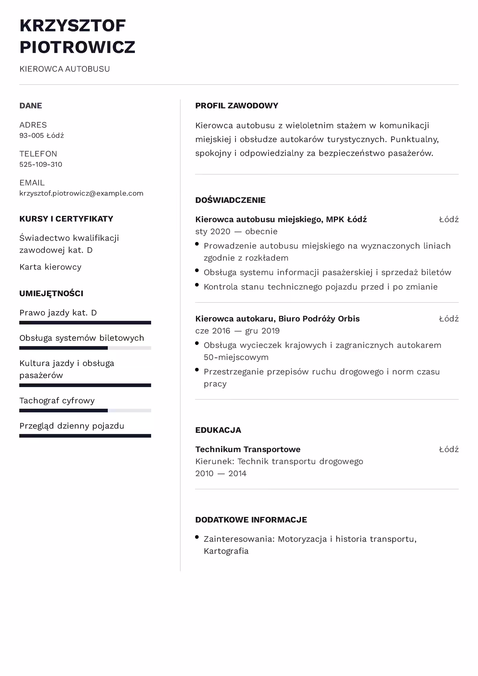 Wzór CV Kierowca Autobusu Wzór CV kierowca autobusu – przykładowy szablon do pobrania