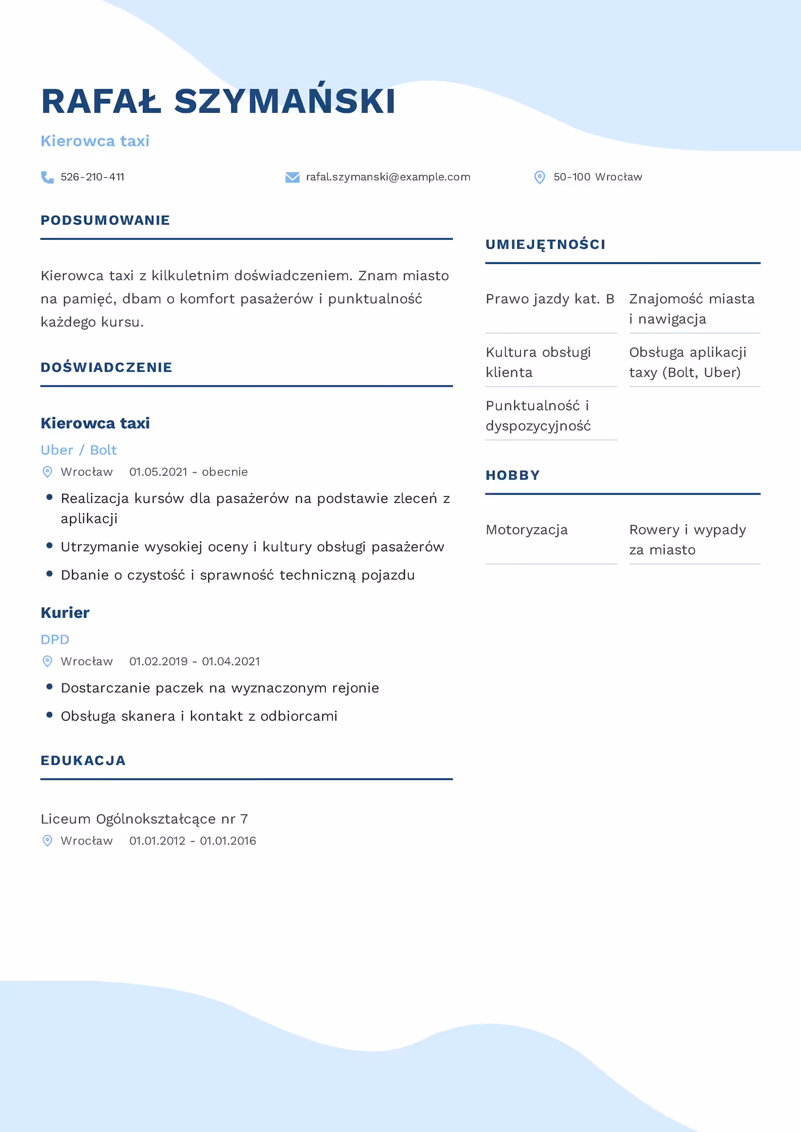 Wzór CV Kierowca taxi Wzór CV kierowca taxi – przykładowy szablon do pobrania