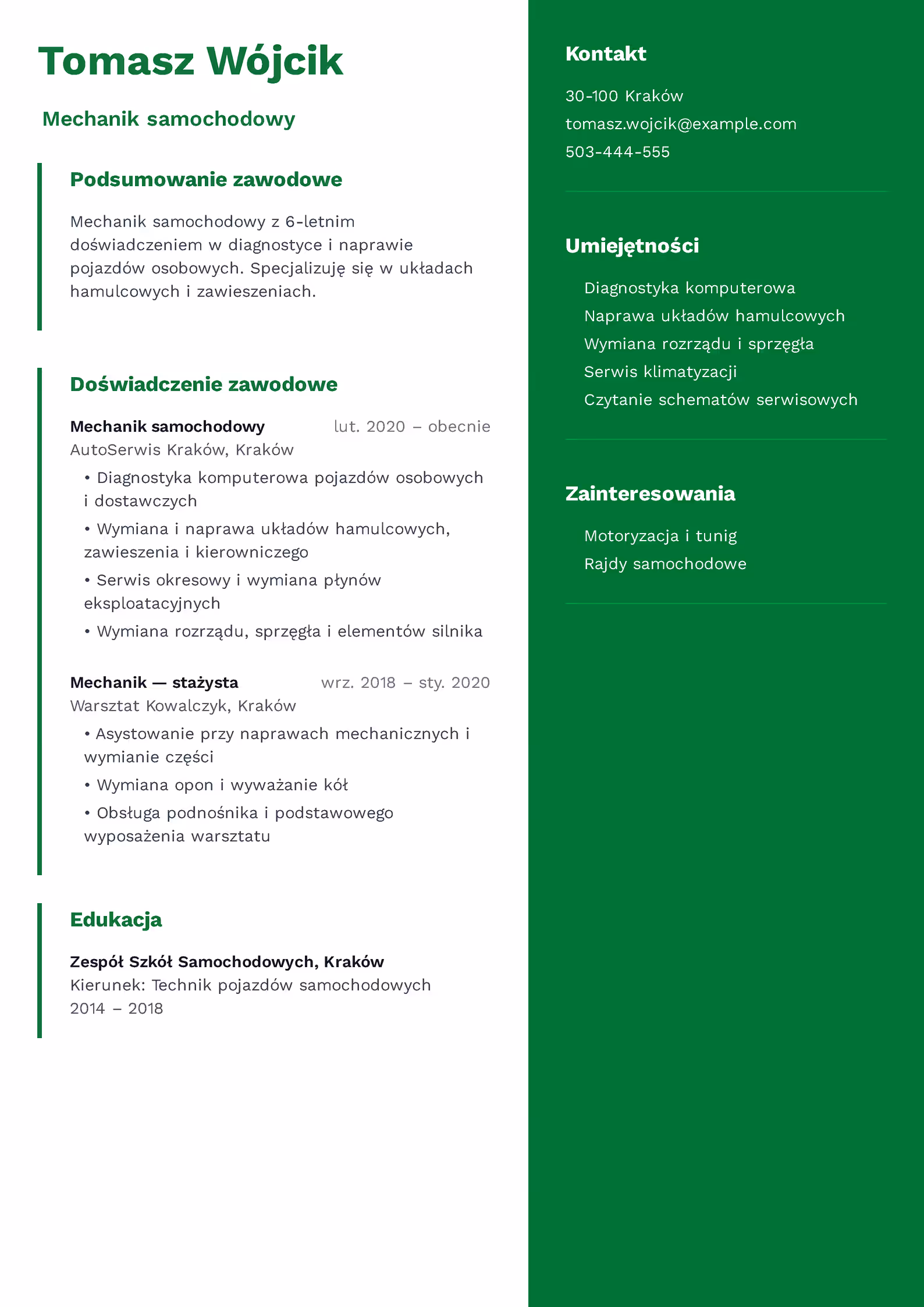 Wzór CV Mechanik Samochodowy Wzór CV mechanika samochodowego – przykładowy szablon do pobrania