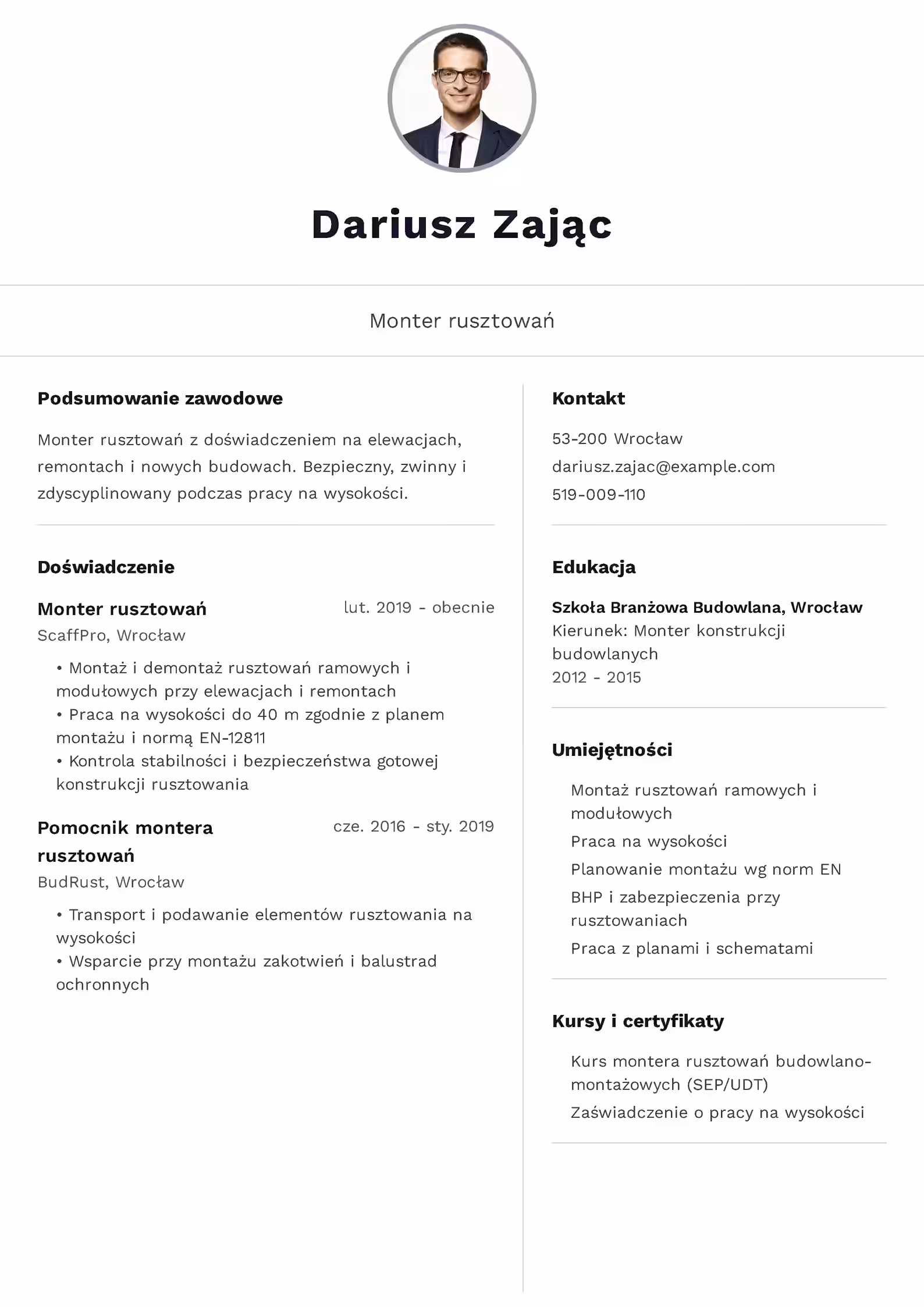 Wzór CV Monter Rusztowań Wzór CV montera rusztowań – przykładowy szablon do pobrania