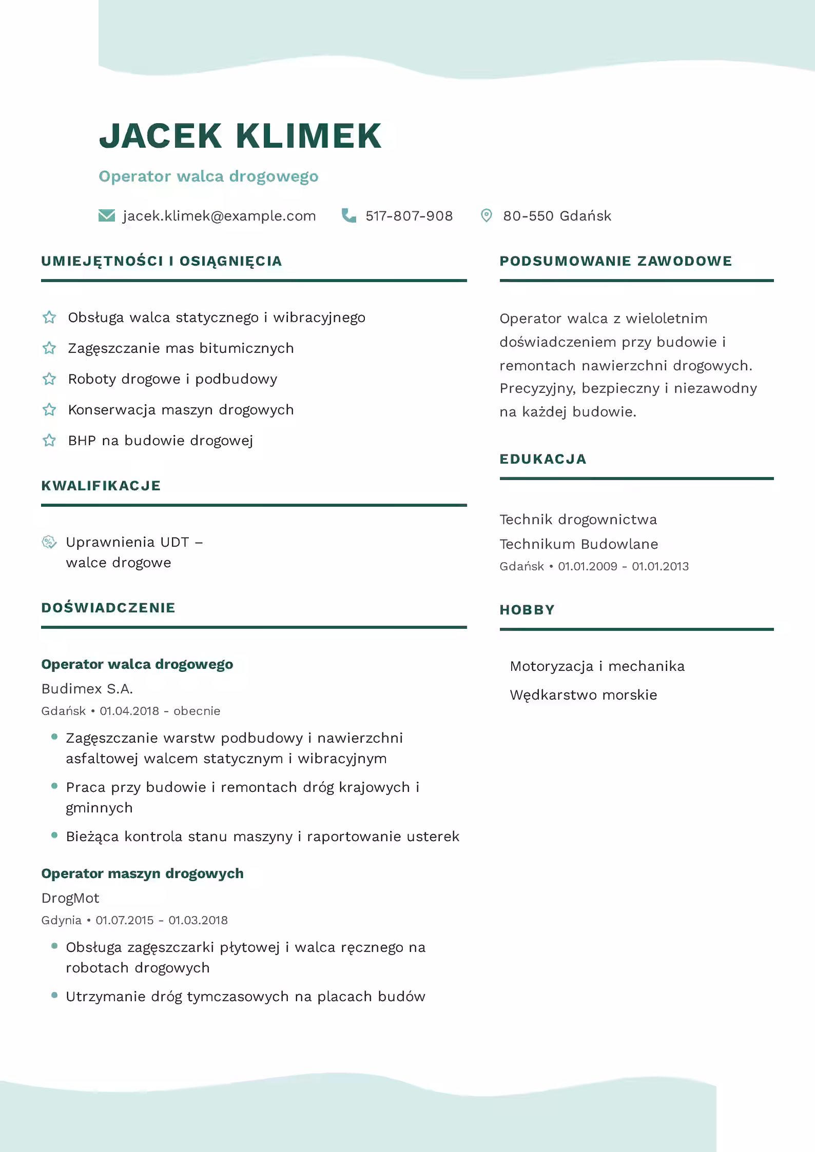 Wzór CV Operator Walca Wzór CV Operator Walca – przykładowy szablon do pobrania