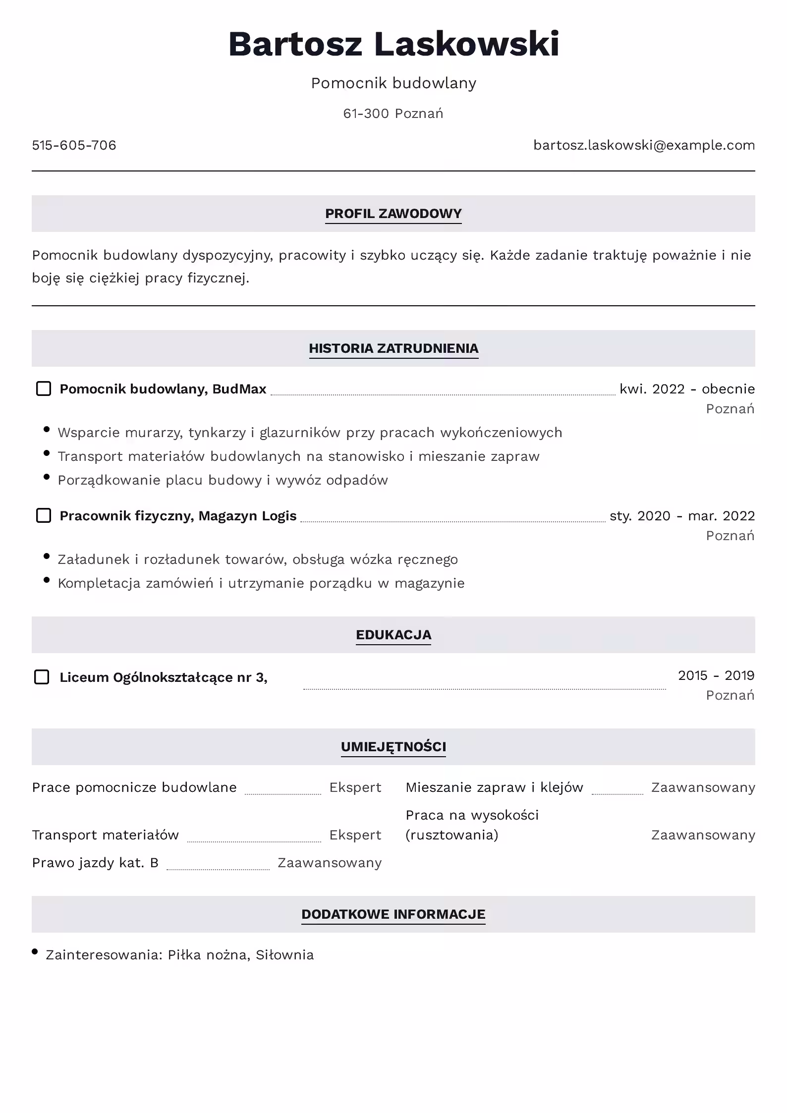 Wzór CV Pomocnik Budowlany Wzór CV pomocnik budowlany – przykładowy szablon do pobrania