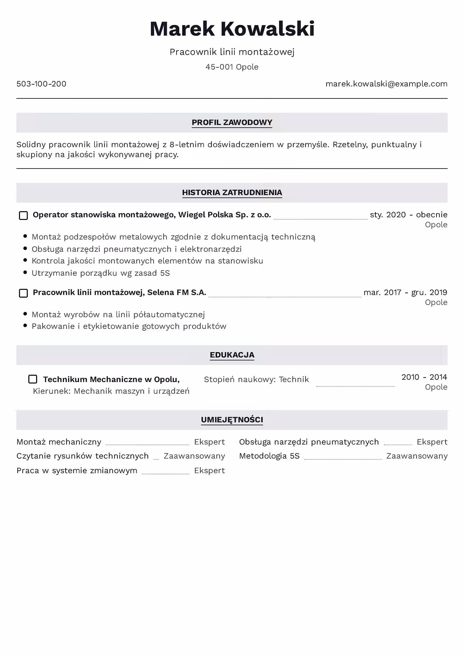 Wzór CV Pracownik Linii Montażowej Wzór CV pracownik linii montażowej – przykładowy szablon do pobrania