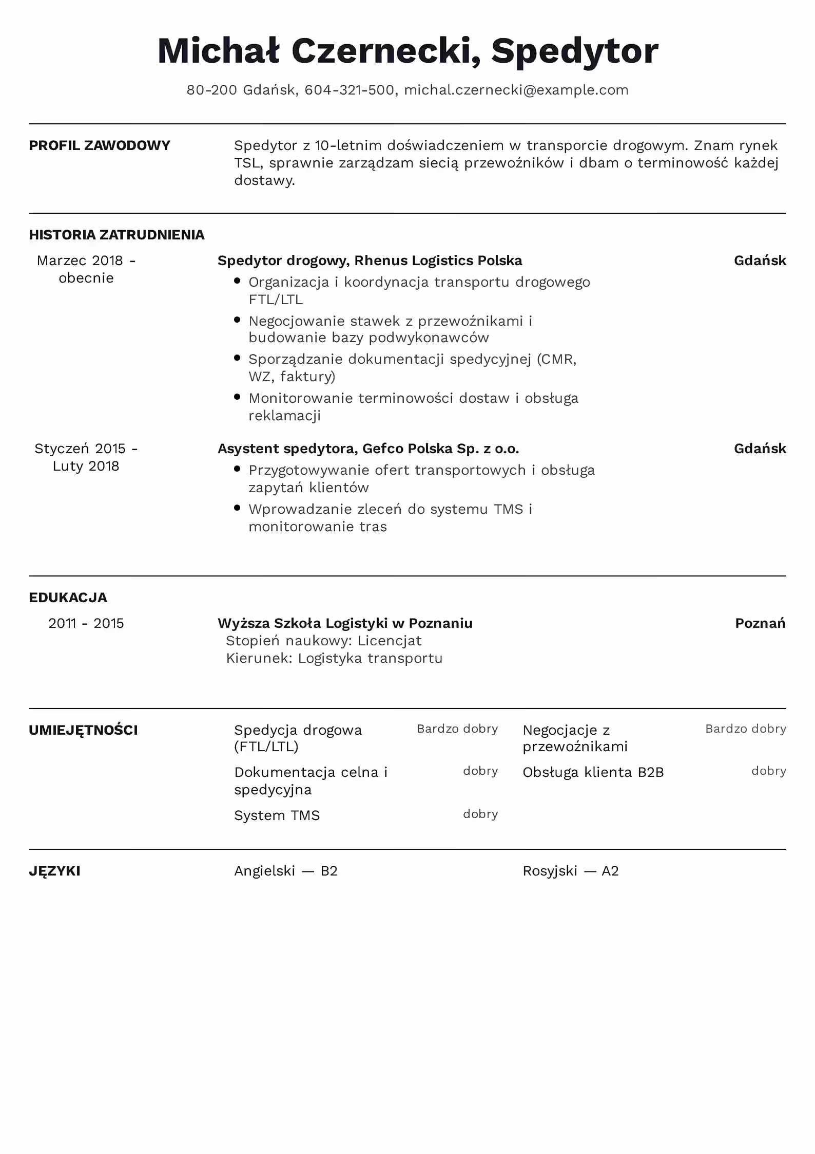 Wzór CV Spedytor Wzór CV spedytor – przykładowy szablon do pobrania